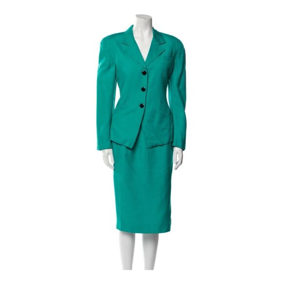 Christian Dior The Suit Vintage Solid Sea Green Long Sleeve Skirt Suit 8 Medium - Picture 1 of 8